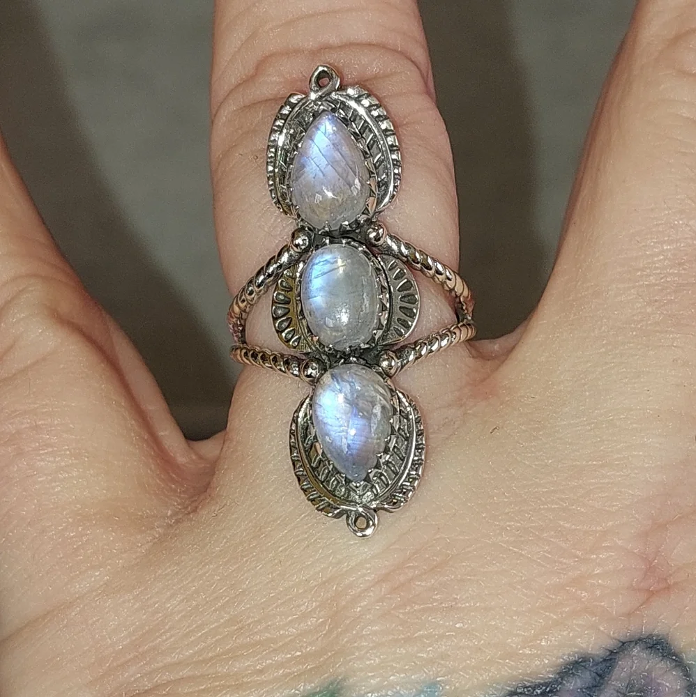 Triple Moonstone Solid Sterling Silver Ring